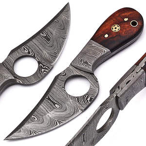 Couteau de chasse artisanal en acier inoxydable à pointe tombante, pleine longueur, avec trou pour le pouce et manche en bois, étui en cuir - Product Image 1