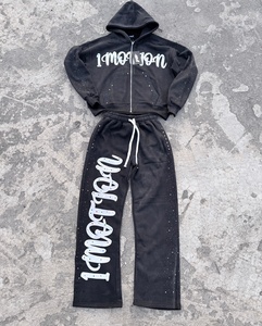 Conjunto de chándal de streetwear personalizado con pedrería, de forro polar grueso, con sudadera con capucha de cremallera completa con cristales incrustados y pantalones de chándal estampados de pierna ancha - Product Image 5