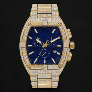 Reloj cronógrafo Tonneau dorado con cristales azules, esfera con diseño de cristal, reloj de lujo, elegante y moderno, regalo para hombre. - Product Image 1