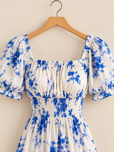 Vestido Maxi Tejido con Estampado Floral, Cuello Cuadrado, Manga Corta, Corte en A, Casual, Veraniego, Transpirable, Ecológico, 100% Algodón - Product Image 3