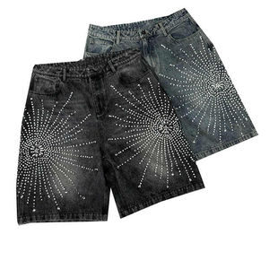 Pantalones Cortos de Mezclilla para Hombre, Estilo Streetwear, Holgados, Desgastados, Lavado Ácido, con Cinturón de Encaje, Pedrería de Alta Calidad, para Verano - Product Image 5