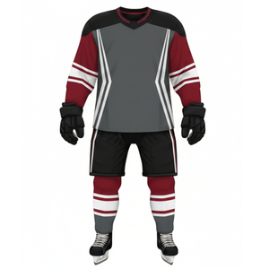 Uniforme de hockey sur glace pour hommes très demandé - Couleurs gris foncé, bordeaux et blanc, respirant, séchage rapide, imprimé, tenue d'équipe - Product Image 4