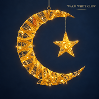 Lumière suspendue en forme de croissant de lune en ruban doré à piles avec étoile et LED blanc chaud pour la décoration murale du Ramadan