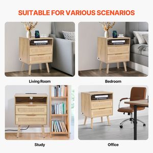 Comodino Boho con Ripiano Aperto e 2 Cassetti, Tavolino da Notte in Rattan con Gambe in Legno Massello per Appartamenti - Product Image 2