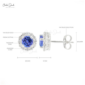 Boucles d'oreilles tendance pour femme en or blanc 14 carats avec tanzanite naturelle, clous délicats à dos poussoir, serties de diamants en halo, article en stock - Product Image 5