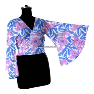 Vestido de algodón con lazo envolvente para mujer, conjunto de vestido con top envolvente de manga larga acampanada y cintura alta con estampado de bloques. - Product Image 1