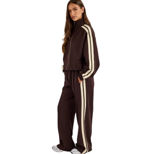 Women Full <b>Zip</b> <b>Hooded</b> Tracksuit Set Contrast Sleeve Stripes Wide Leg Trousers Drawstring Waist Loose Two Piece Streetwear Outfit - Product Image 6