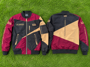 เสื้อแจ็คเก็ตบอมเบอร์สีเบจดำเบอร์กันดีแบบสั่งทำสำหรับผู้ชาย แจ็คเก็ตน้ำหนักเบา ดีไซน์ลายบล็อกสีเรขาคณิต คอเสื้อแบบริบ มีกระเป๋าซิป - Product Image 6