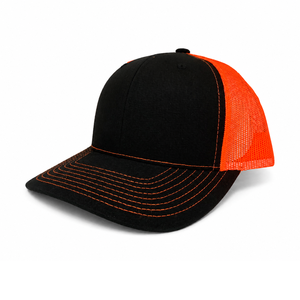 Casquette Trucker personnalisée à 6 panneaux, profil moyen, noire et orange, en maille, réglable, unisexe, style décontracté, avec logo frontal, collection Printemps-Été - Product Image 1