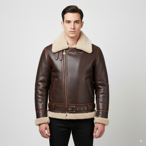 Chaqueta Bomber de Cuero Genuino para Hombre con Forro de Piel Sintética, Cierre de Cremallera, Estilo Motociclista de Invierno, Corte Regular - Product Image 1