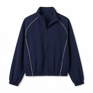 Ensemble de survêtement 2 pièces bleu marine pour femme, col montant, coupe ample sportive, respirant, en polyester tricoté, fabriqué au Pakistan - Product Image 3