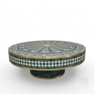 Table basse marocaine artisanale en os incrusté, table centrale ronde de luxe avec base en laiton doré pour salon, en promotion - Product Image 3