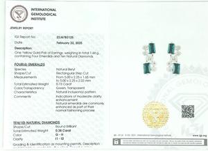 Prêt à la vente : Boucles d'oreilles clous en émeraudes zambiennes taille baguette 0,58 carat et diamants, or jaune 14 carats, certifiées IGI, bijoux de mariage - Product Image 6