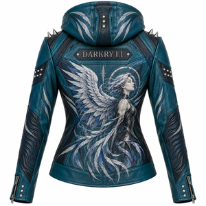 Chaqueta de cuero genuino para mujer, color verde azulado y negro, con capucha, estilo motero, estampado personalizado Celestial Valkyrie, mangas con textura ondulada y detalles de púas. - Product Image 2