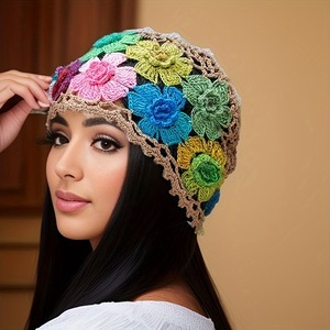 Gorro de invierno para mujer, tejido a mano con diseño floral, estilo bohemio, decoración con apliques, 100% acrílico, informal. - Product Image 4