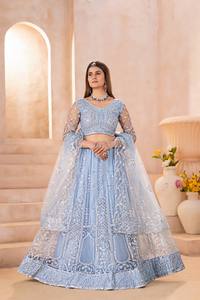 <b>Light</b> Blue Embroidered Lehenga Choli Women's Traditional Wedding Dress Floor-Length Regular Fit India Pakistan Style - Product Image 2