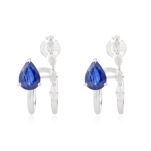 14K White Gold Modernist Blue Sapphire Diamond Huggie <b>Earrings</b> - Product Image 2