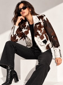 Chaqueta de cuero de vaca con pelo para mujer, estilo motero, con cremallera asimétrica, corte corto, estilo western, con cinturón - Product Image 5