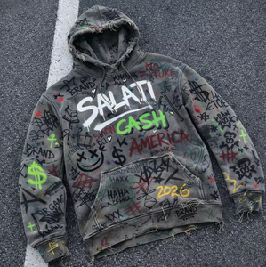 Sweat à capuche personnalisé délavé à l'acide avec impression numérique DGT et broderie, style streetwear, épais, effet usé et délavé au soleil pour homme - Product Image 4