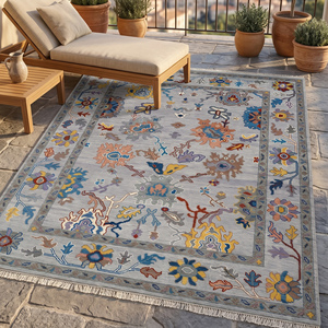 Tapis de luxe classique multicolore en laine noué à la main avec motif floral à poils ras pour salon - Product Image 1