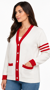 Cardigan en tricot personnalisé pour femme, col en V, boutonné, manches longues, bordure contrastante, style preppy, coupe classique, marque privée - Product Image 3