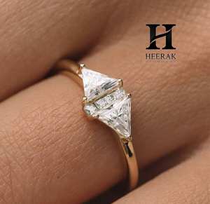 Luxury Trillion Cut Lab Grown Diamond Engagement <b>Ring</b> 14K Yellow Gold Toi et Moi <b>Two</b> <b>Stone</b> Diamond <b>Ring</b> Triangle Cut Jewelry - Product Image 1