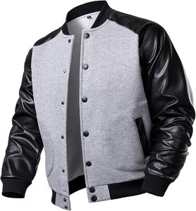 Chaqueta Varsity Gris para Hombre con Mangas de Cuero Sintético Negro, Cuello Alto, Botones a Presión, Diseño Color Block, Estilo Béisbol - Product Image 5
