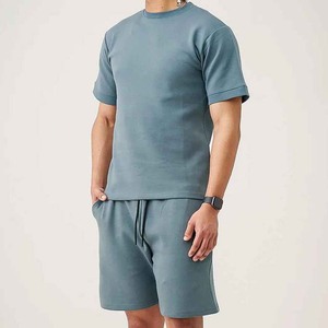 Ensemble de t-shirts en coton tricoté pour homme, couleur unie, col rond, respirant, décontracté, manches courtes, deux pièces - Product Image 6