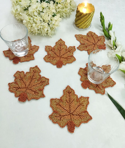 Handmade <b>Beaded</b> Leaf <b>Coasters</b> Eco-Friendly Luxury Orange Fall Traditional Indian Design Fabric Placemats Set of 6 - Product Image 1