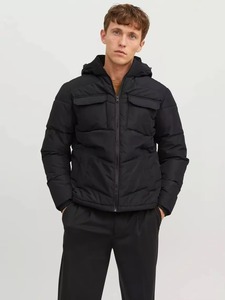 Manteau d'hiver pour homme en laine écologique à col en V et capuche, avec rembourrage en duvet de canard gris, fermeture éclair et boutons – Vente en gros, produit phare - Product Image 2