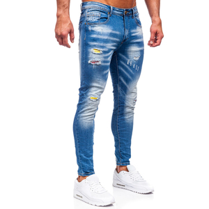 Pantalon en jean décontracté pour homme, coupe ajustée, jambe slim, bleu, tissu en coton respirant, service OEM - Product Image 3