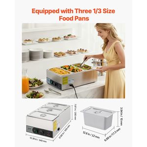 Commercial 1200W Electric Stainless Steel <b>Food</b> <b>Warmer</b> Fast <b>Heating</b> Bain Marie Three 1/3 Size Pans for Countertop Buffet - Product Image 3