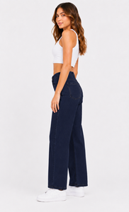 Vaqueros de mujer de cintura alta y pierna ancha en denim de algodón azul oscuro, corte holgado, largo completo, estilo casual para - Product Image 2