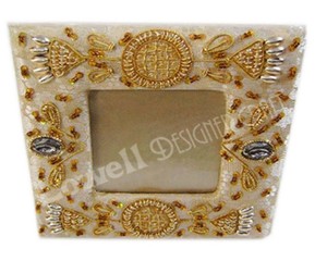 Handmade Ornate Rectangular Photo <b>Frame</b> With Gold Beaded <b>Embroidery</b> And Fabric Design Tabletop Display - Product Image 4