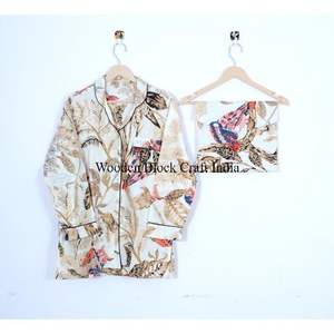 Indian Floral tropical Cotton <b>Women's</b> Sleepwear Long Sleeve Night Suit with <b>Pant</b> Summer PJ Set with Shirt <b>Pant</b> Two Piece Set - Product Image 2