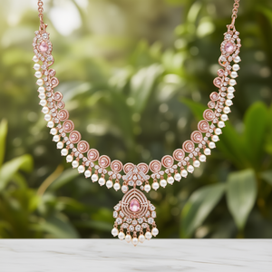 Rose Gold Plated Brass Choker Necklace with Zircon Pearl and Diamond Accents - Product Image 3