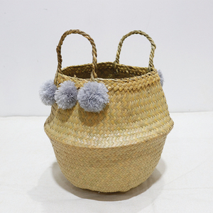 New Design Durable Circle Palm Leaf Belly <b>Basket</b> Grey Pom Pom Woven Storage Bin <b>Foldable</b> Pot with Handle - Product Image 5