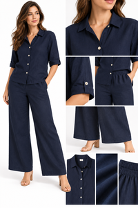 Ropa de Verano para Mujer Directo de Fábrica - Camisa Azul Marino con Botones y Pantalones Anchos, Proveedor al por Mayor - Product Image 3