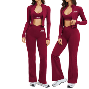 Women's Burgundy 2 Piece Yoga Set Turtleneck <b>Crop</b> <b>Top</b> High Waist Leggings Full Length Seamless Zipper Sweat-Wicking - Product Image 4