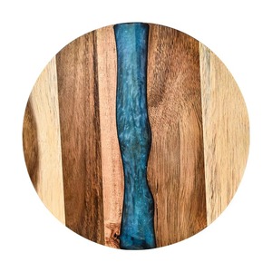 Round Wooden Chopping <b>Board</b> With Blue Resin Inlay Anti Slip Dishwasher Safe Single Piece Package - Product Image 1