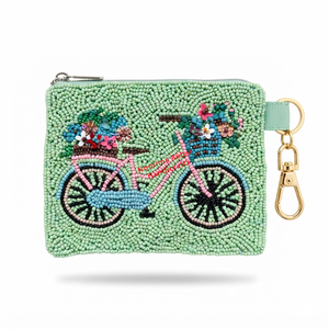 Whimsical mint bike beaded coin <b>purse</b>, zipper pouch, wrist strap, seed beads, floral detail, <b>small</b> clutch, spring gift supplier - Product Image 1