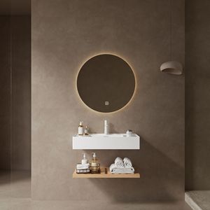 30 \ "lavabo da bagno in acrilico bianco galleggiante con rubinetto lavabo integrato a righe ripiani in legno naturale a parete - Product Image 1