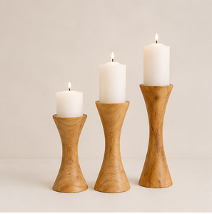 Hot Selling Handcrafted Solid Mango Wood Pillar Candle Holder Set Elegant Curved Rustic Candle Stand For Home Wedding Centertop - Product Image 1