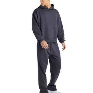 Ensemble de survêtement décontracté gris foncé à capuche pour homme, manches longues, couleur unie, coupe ample, automne, 100 % coton respirant, sweat-shirt et pantalon - Product Image 1