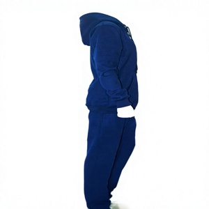 Men's Navy Blue Hooded Fleece Tracksuit <b>Set</b> Full Length Regular Fit Cotton Sweatshirt <b>Jogger</b> Pants Solid Color Side Pockets - Product Image 1
