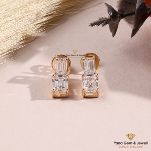 Boucles d'oreilles pendantes à double taille émeraude en diamant CVD cultivé en laboratoire, cadeau pour elle, or massif 14 carats, 2 TCW, couleur D, clarté VVS2, certifié IGI - Product Image 1