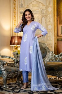 Salwar Kameez de Algodón Azul Claro para Mujer con Dupatta Bordada, Ropa Casual Tradicional - Product Image 2