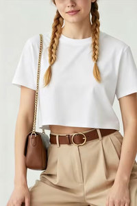 เสื้อยืดคอกลมสีดำสำหรับผู้หญิง ทรงปกติ แขนสั้น ผ้าเจอร์ซีย์คอตตอน 100% ระบายอากาศได้ดี สวมใส่สบายทุกฤดู - Product Image 1