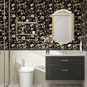 Papel Tapiz Floral Oscuro con Hojas Doradas Vintage, Papel Tapiz Floral Blanco Autoadhesivo, Revestimiento de Pared Impermeable Desprendible y Pegable - Product Image 4