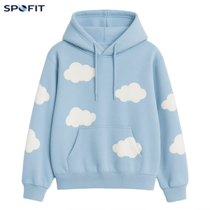 เสื้อฮู้ดพิมพ์ลายเมฆสีฟ้าอ่อนสำหรับผู้หญิง SPOFIT เสื้อสเวตเชิ้ตถักแบบลำลองมีกระเป๋า ทรงปกติ ใส่ได้ในฤดูใบไม้ผลิ - Product Image 1
